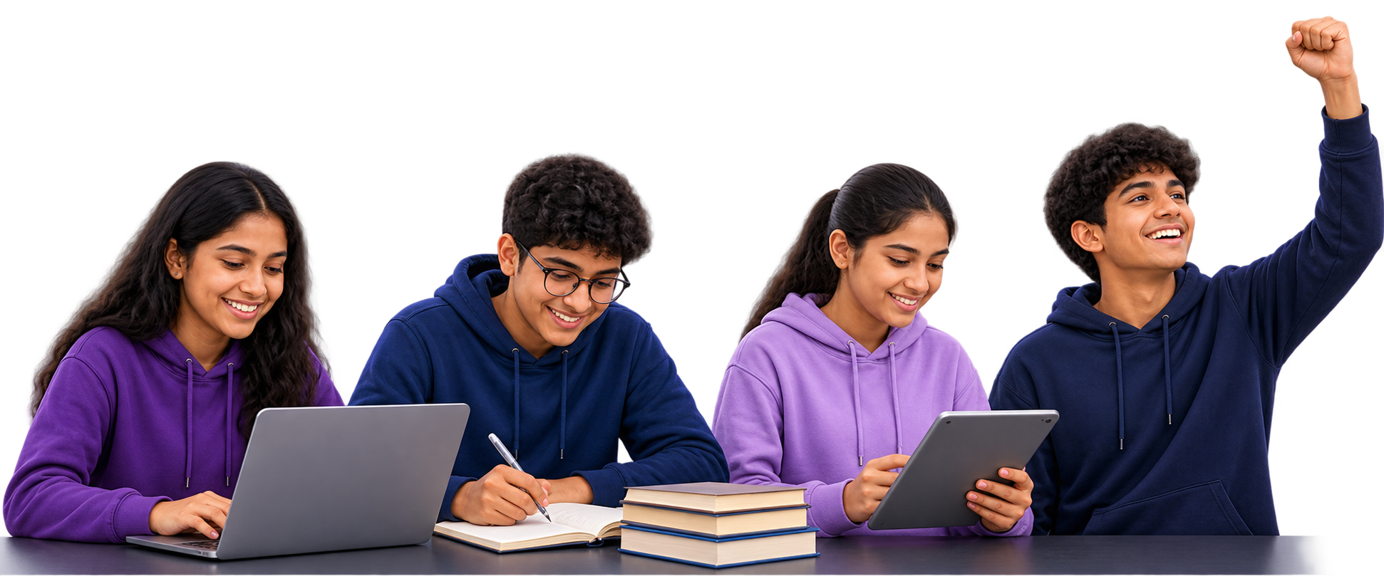 Four students learning with a laptop, notebook and tablet, and celebrating progress