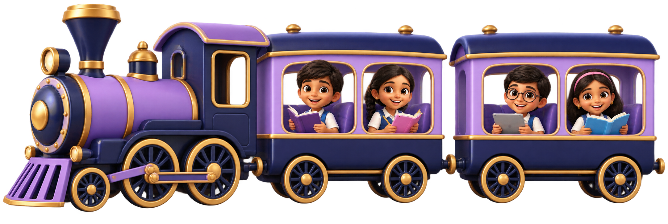 Four children seated in a purple learning train with books and a tablet