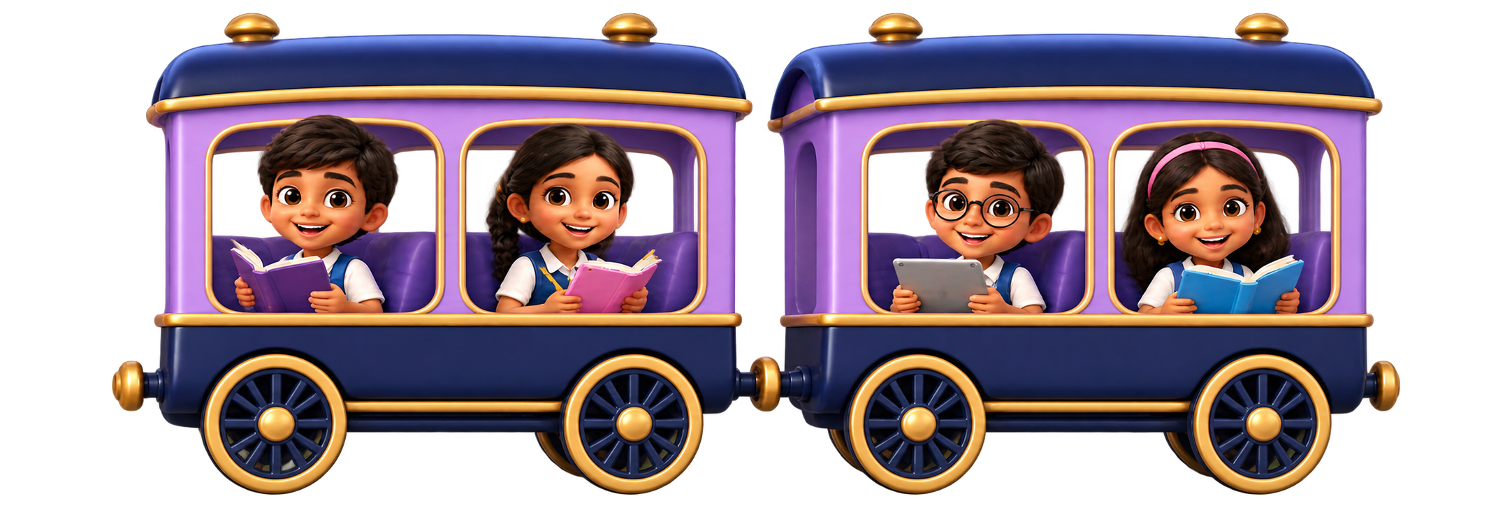 Four children learning inside the final two purple train carriages