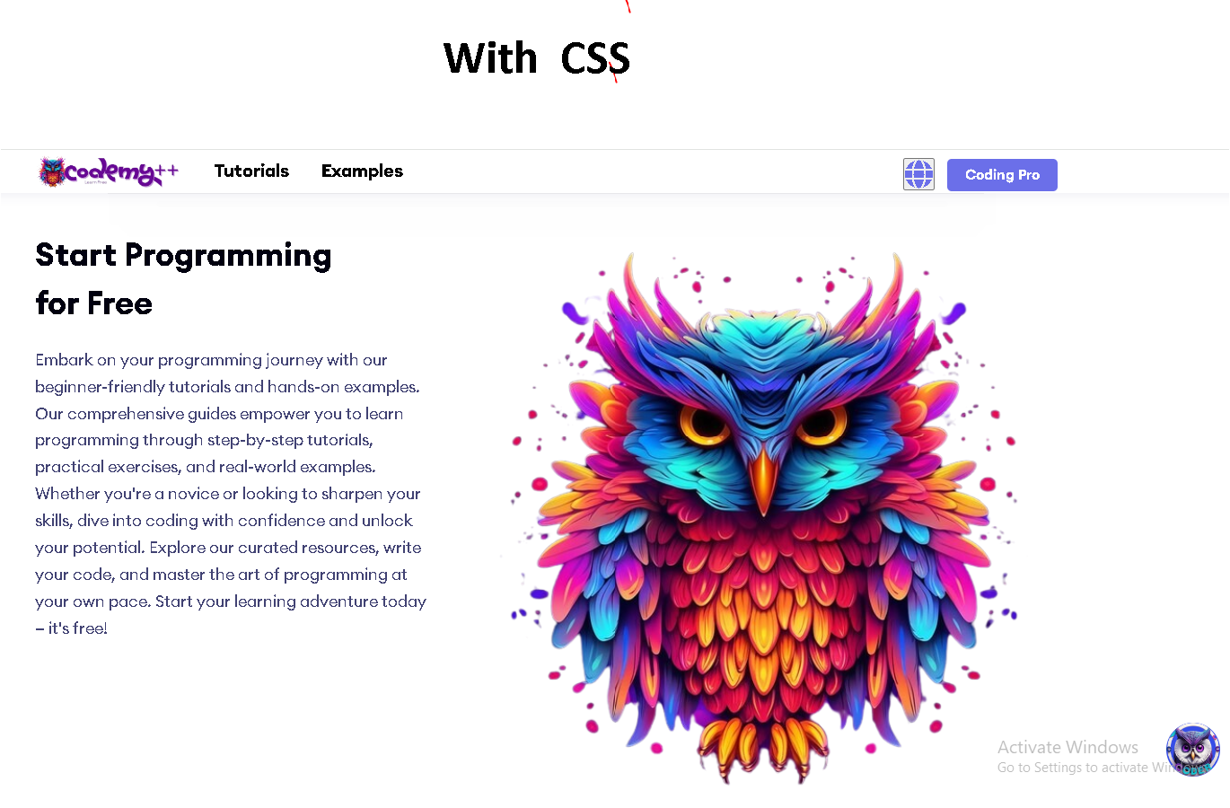 codemy website compared with and without CSS.